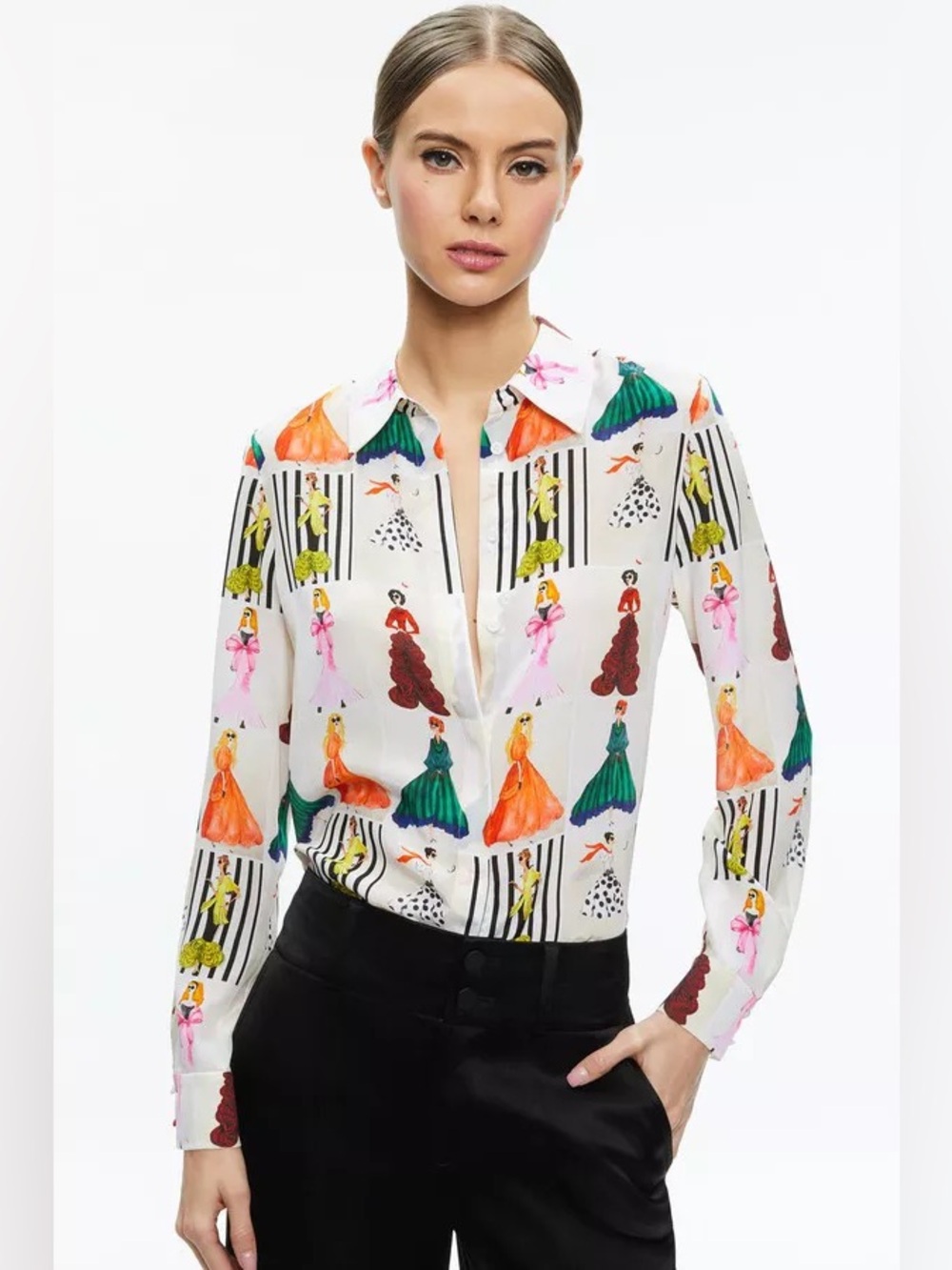 Alice + Olivia Willa Staceface Silk Shirt Button-Down Collared Blouse M
